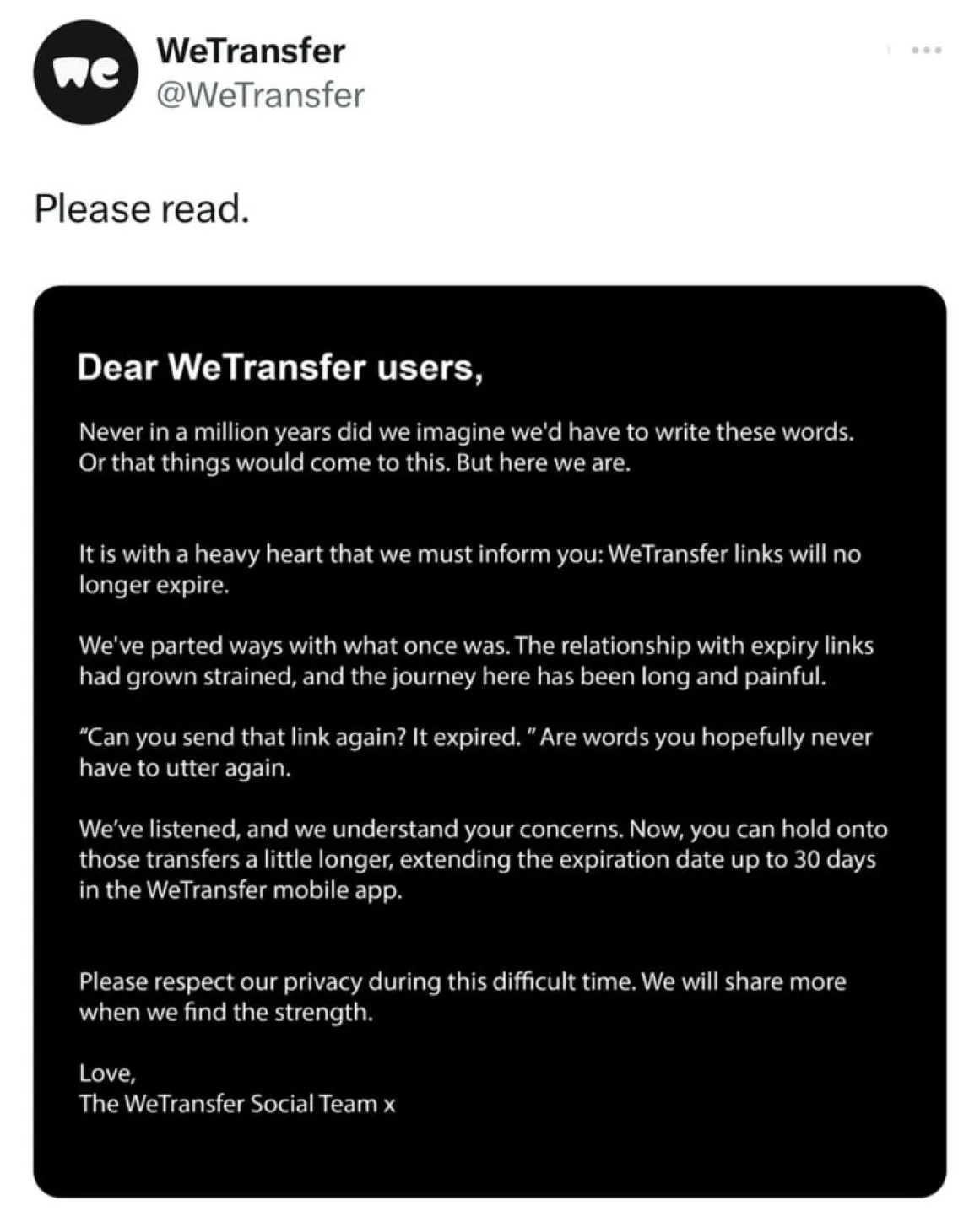 WeTransfer Break-up Post